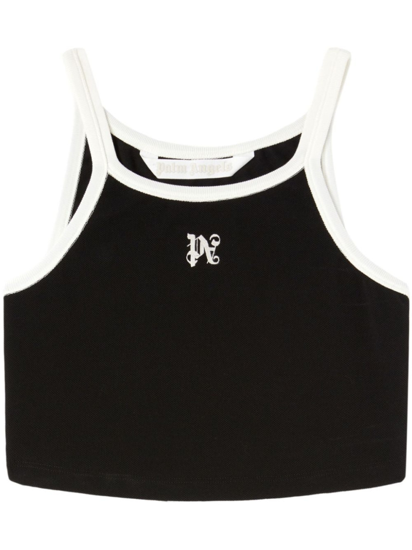 Palm Angels Black Pa Monogram Cropped Tank Top In Black