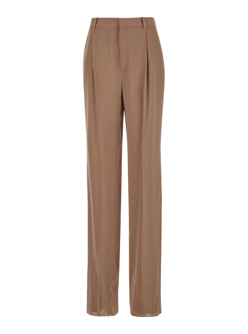 Saint Laurent Silk Crepe High-waisted Tailored Pants In Beige