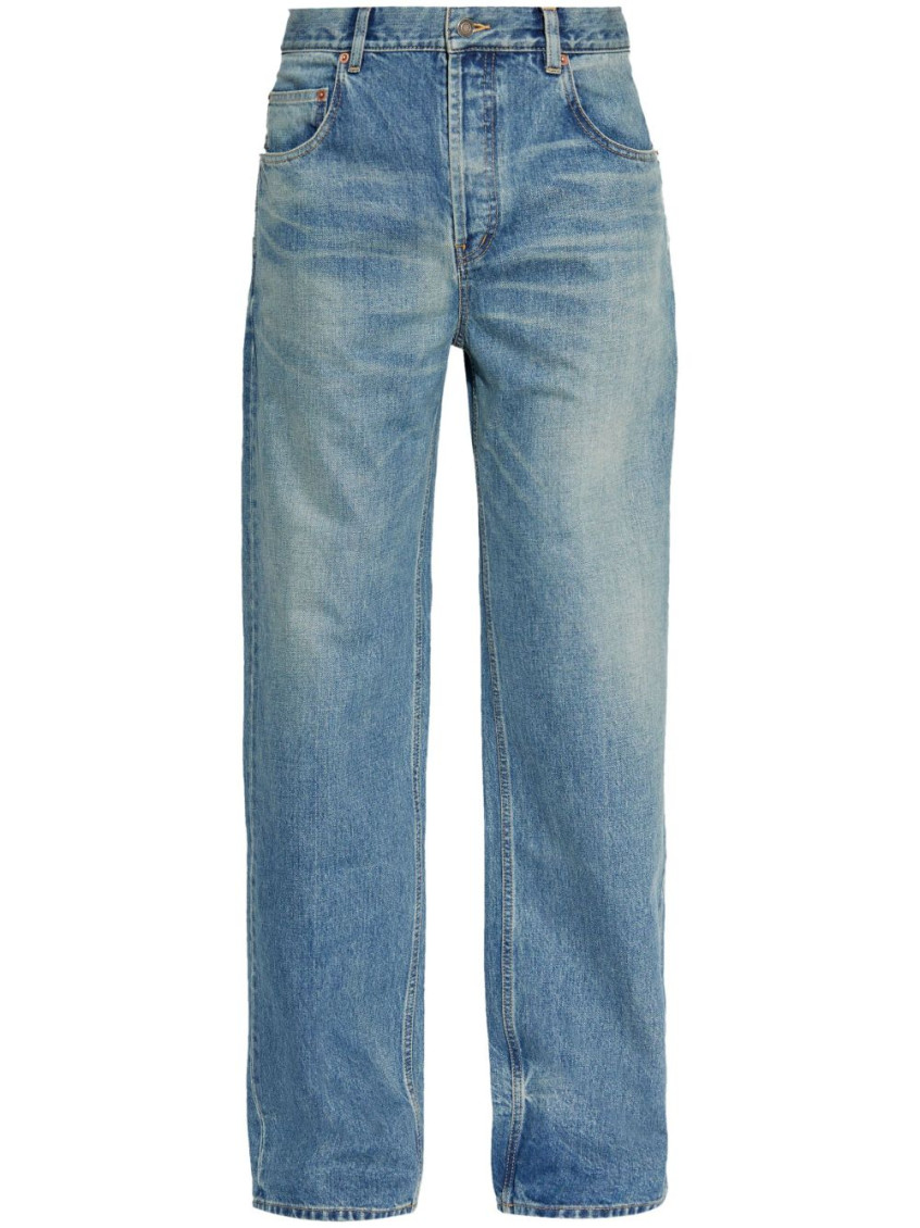 Saint Laurent Stonewashed Distressed Straight Jeans In Blue