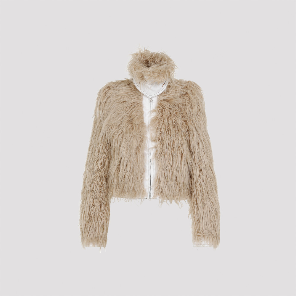 Dries Van Noten Cropped Faux Fur Stand-up Collar Jacket In Beige