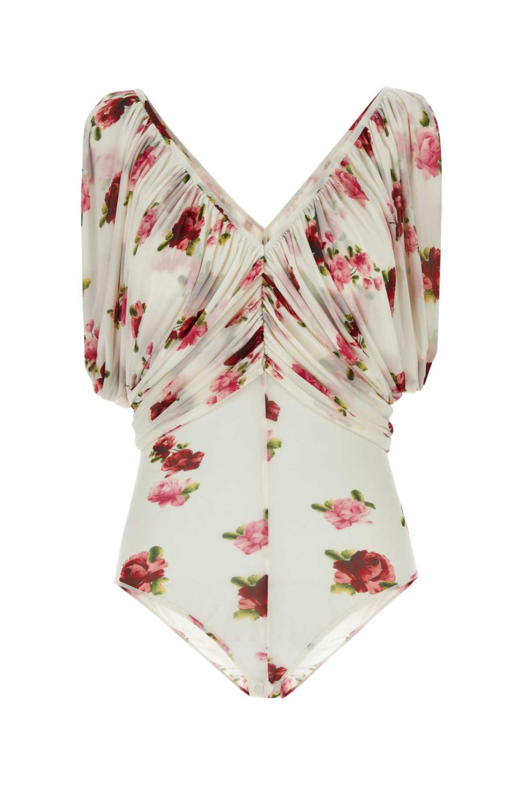 Magda Butrym Draped Sleeves Floral Pattern Bodysuit In White