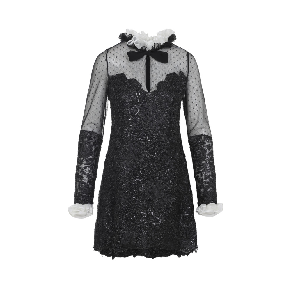 Giambattista Valli Sheer Sleeve Polka Dot Mini Dress In Black