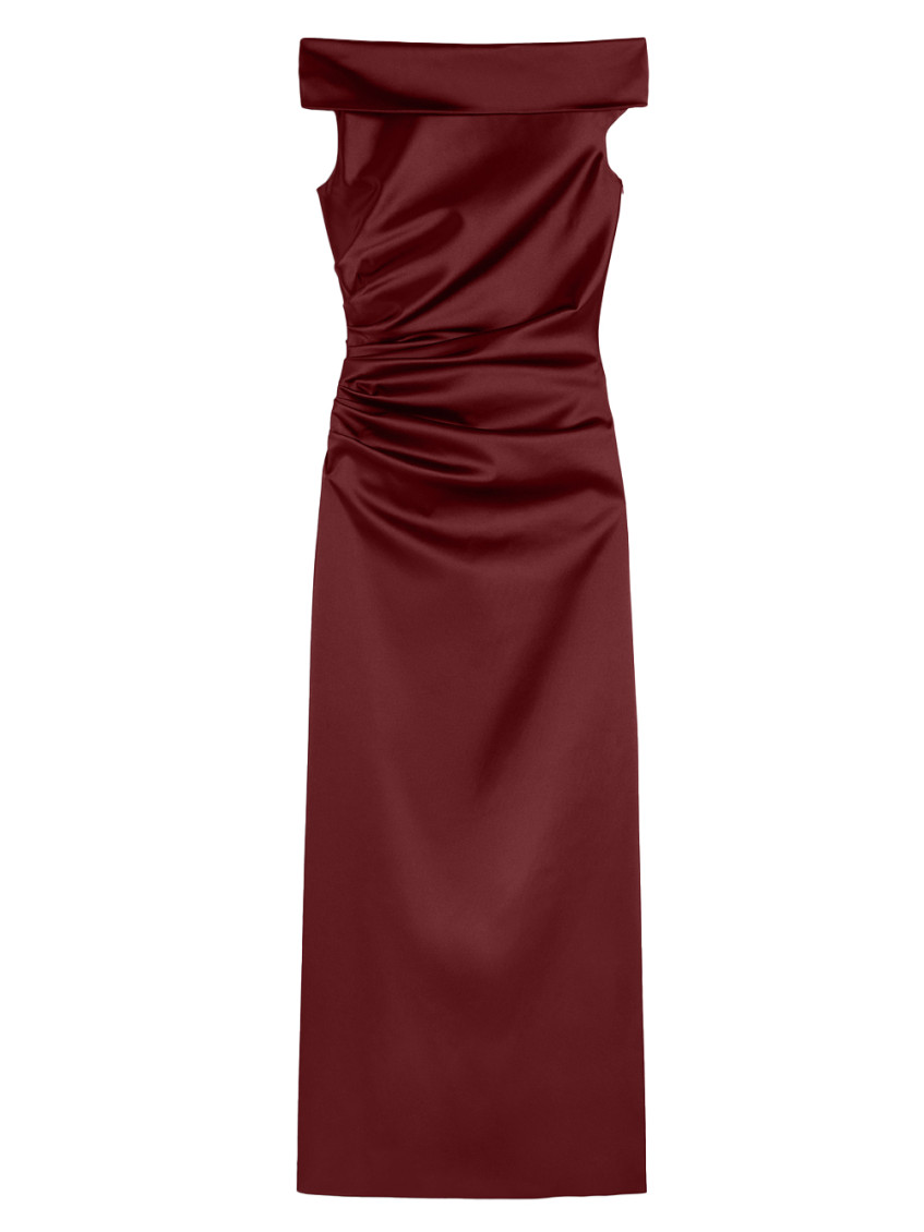 Max Mara Long Dress With Side Slit And Ruching In Burgundy
