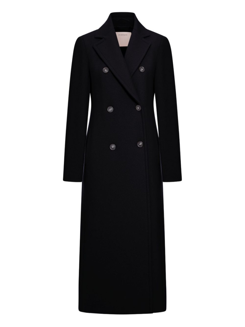 Sportmax Long Double-breasted Black Coat With Structured Shoulders And Belt Detail In Black