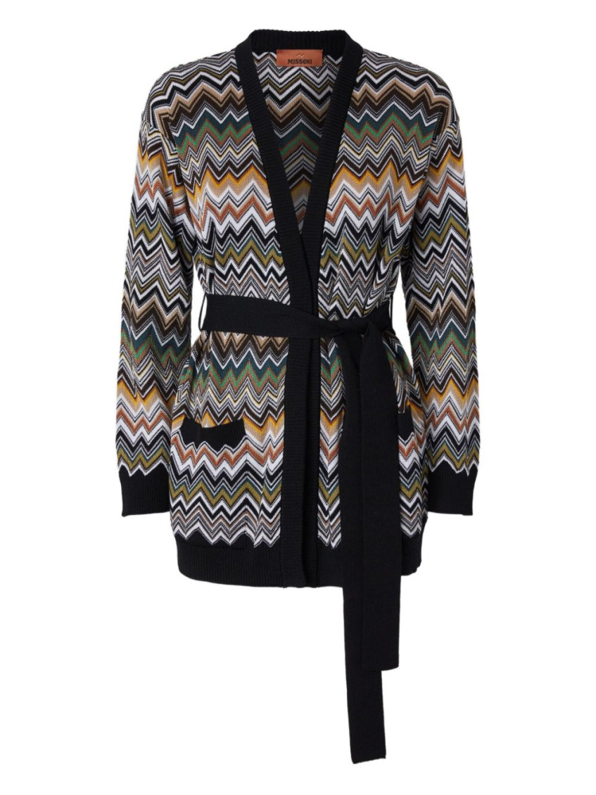 Missoni Relaxed Fit Cardigan With Belt And Chevron Pattern In Multi