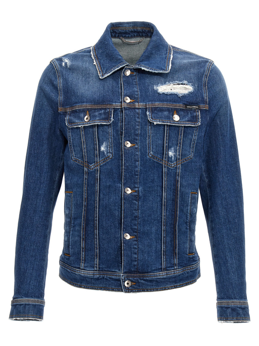 Dolce & Gabbana Blue Jacket With Classic Collar And Rips In Denim Stretch Man In Blue