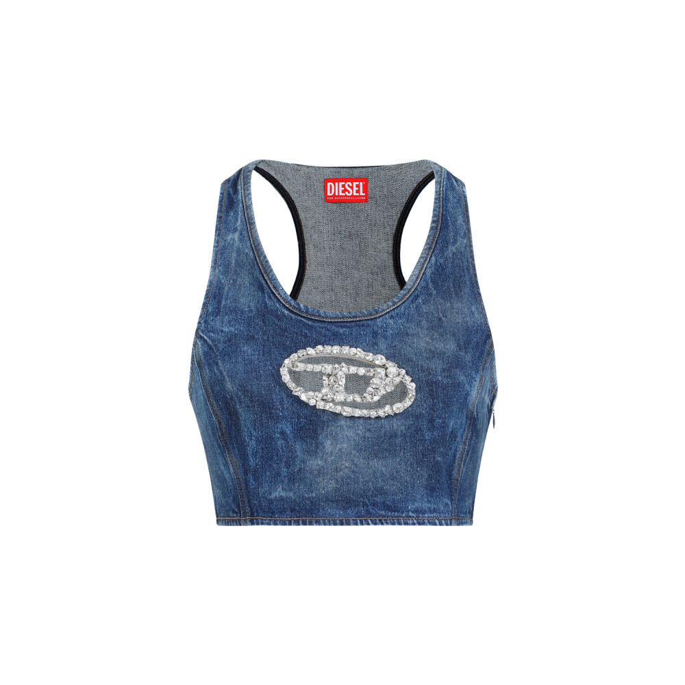 Diesel Denim Crop Top With Jewel Buckle In Denim