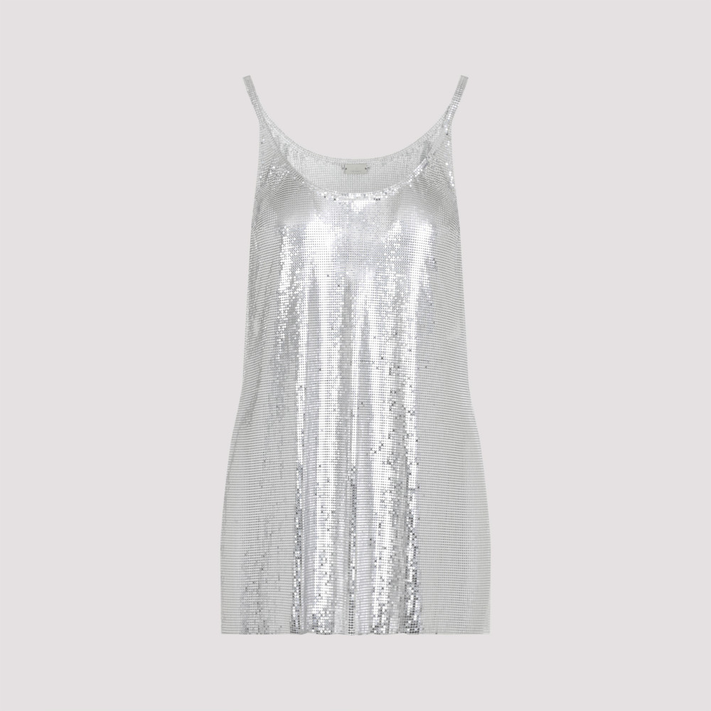Rabanne Metallic Sleeveless Top With Spaghetti Straps And Chainmail In Tech Fabric Woman In Silver