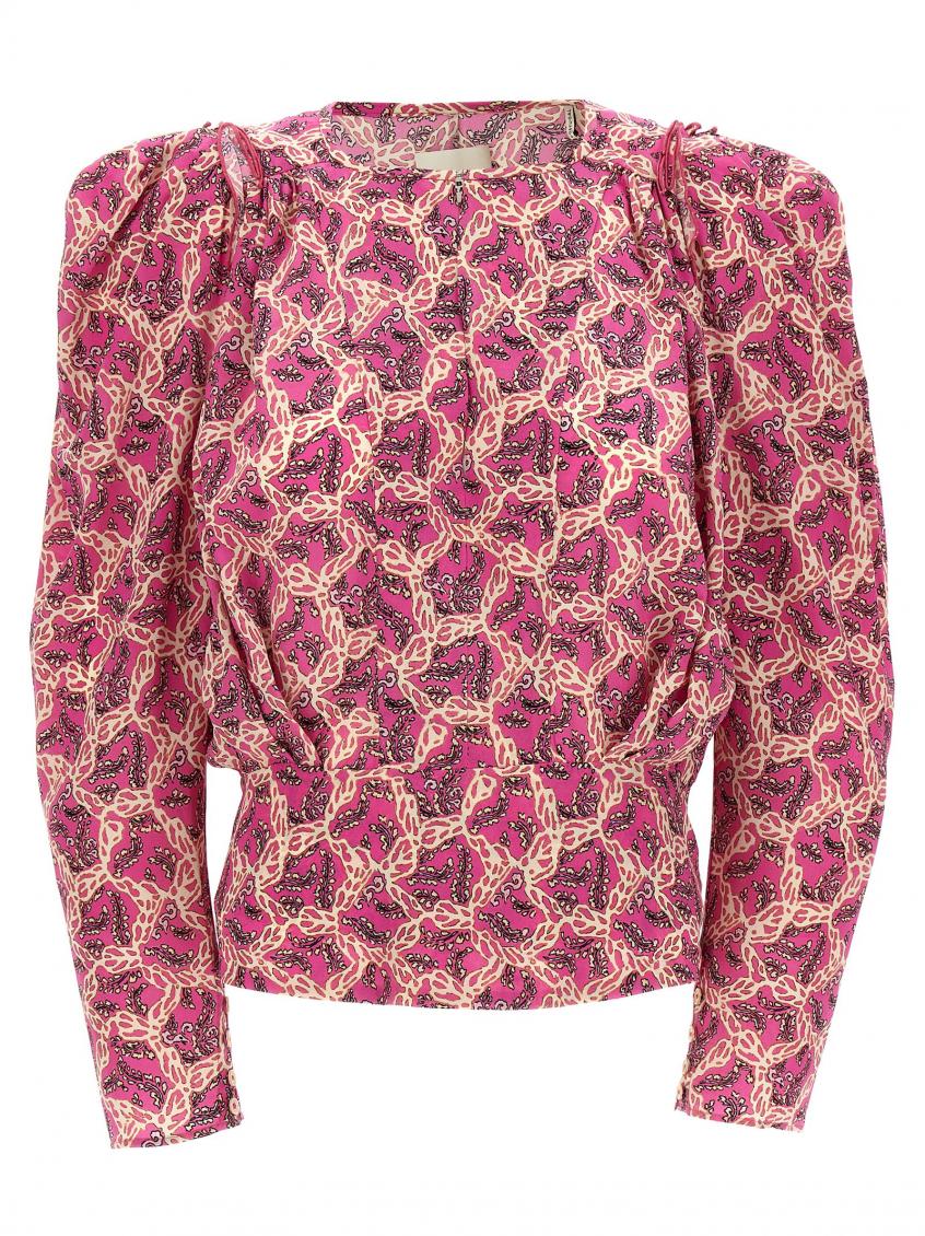 Isabel Marant Printed Blouse With Buttoned Cuffs And Ruched Shoulders In Fuchsia