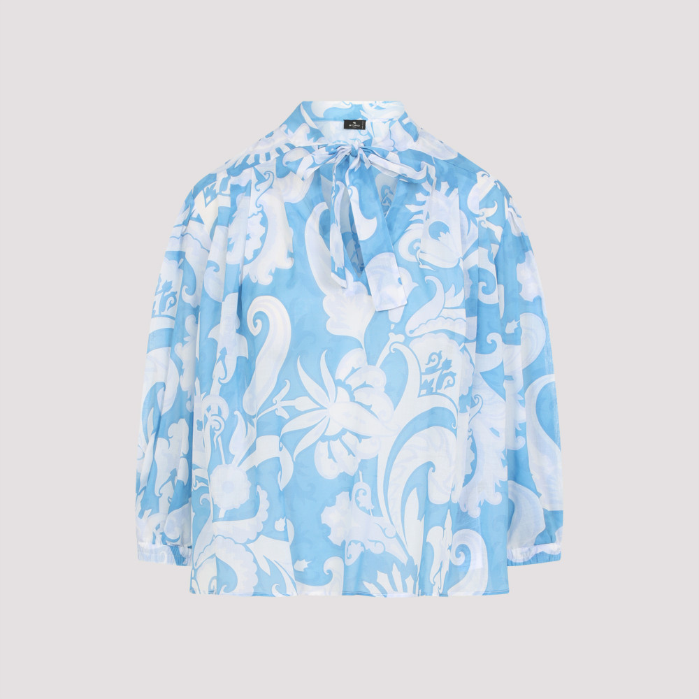 Etro Loose-fit Cotton Shirt With V-neck And Floral Pattern In Light Blue