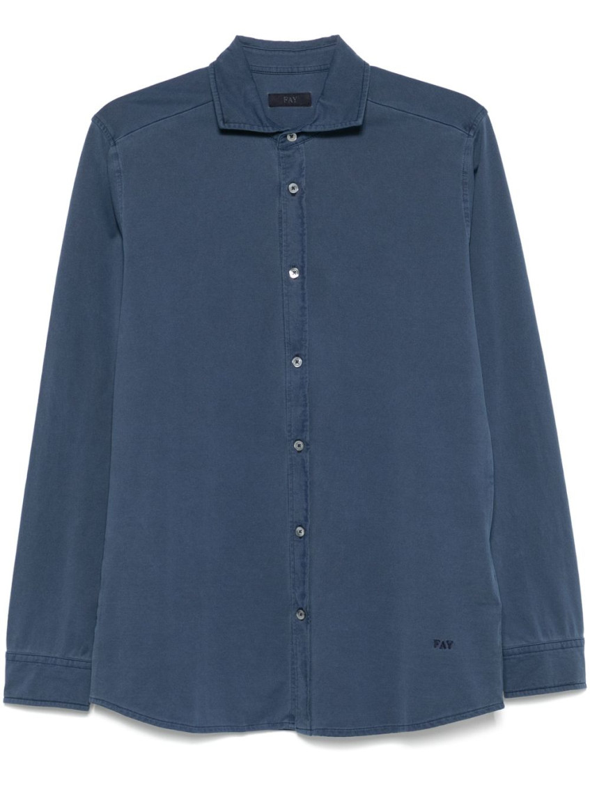Fay Collared Shirt With Buttoned Cuffs And Cuffed Sleeves In Navy Blue