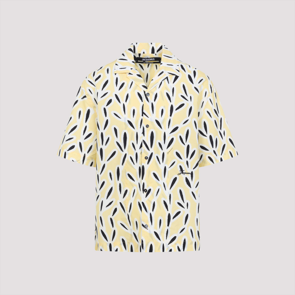 Jacquemus Yellow Cotton Jean Shirt With Playful Leaf Pattern In Light Yellow