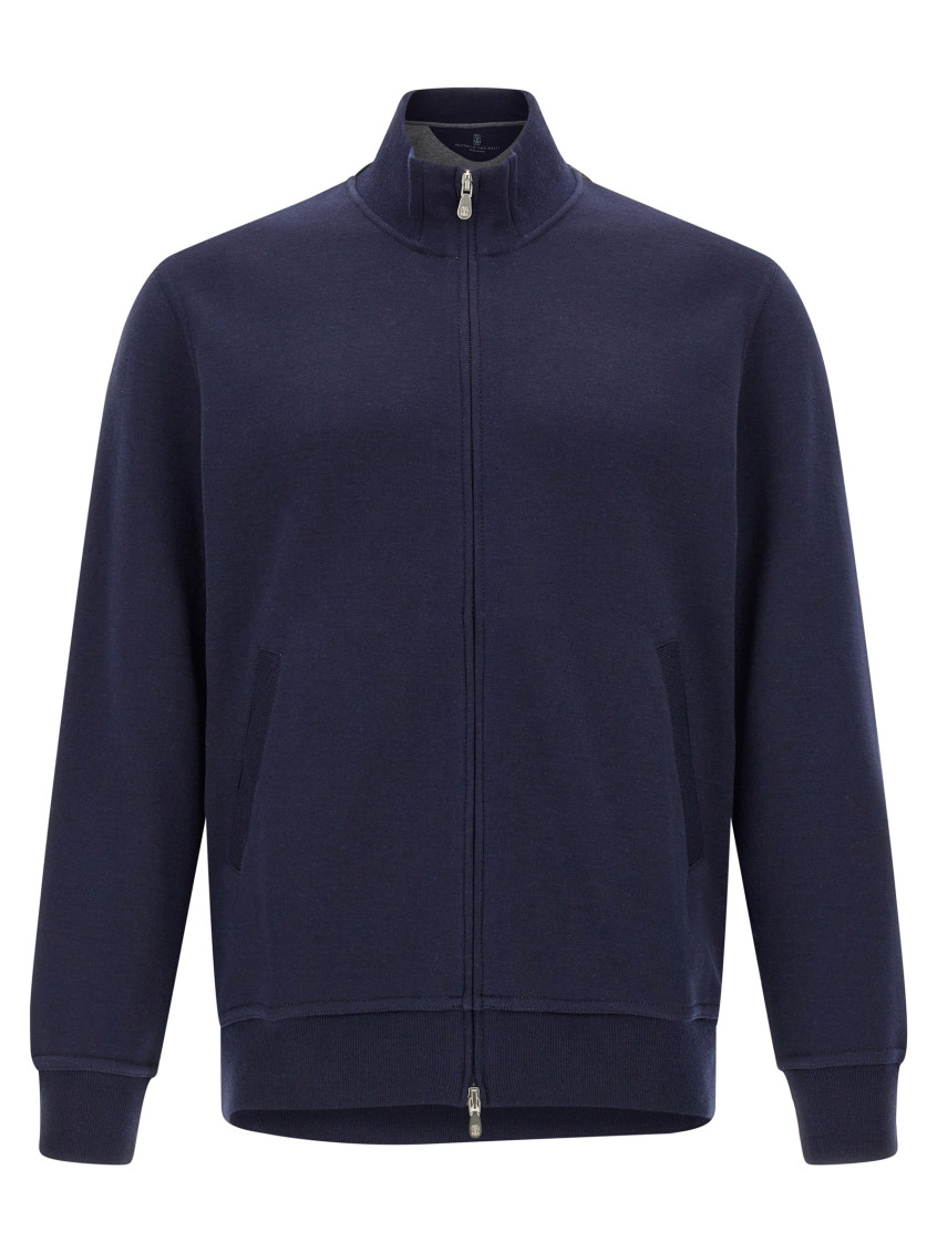 Brunello Cucinelli Zip-up Blue Sweatshirt With High Collar And Relaxed Fit In Blue