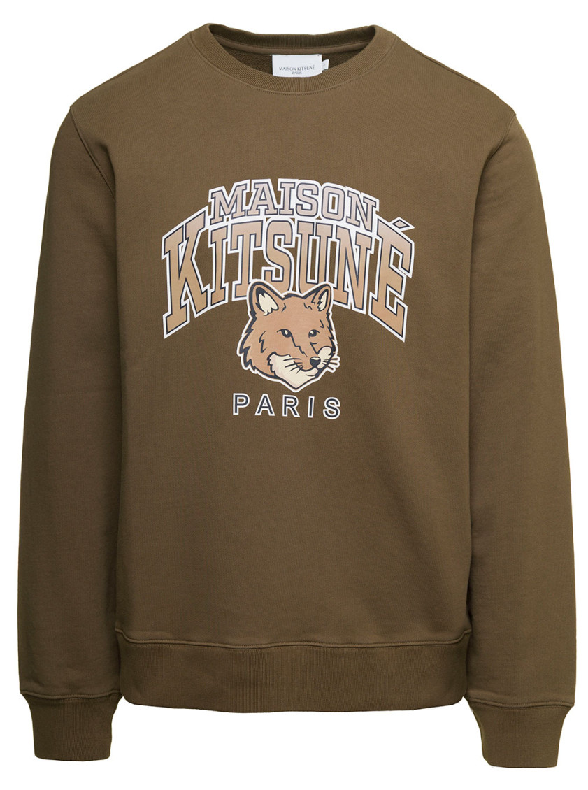 Maison Kitsuné Crewneck Sweatshirt With Front Logo Print In Brown Cotton Man In Khaki