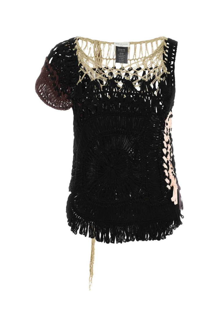 Dries Van Noten Fringed Crochet Knit Top In Black