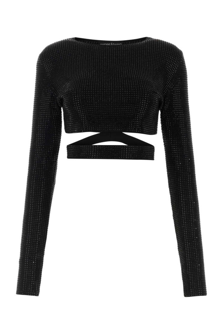 Andreädamo Cropped Rhinestone-embellished Ribbed Top In Black