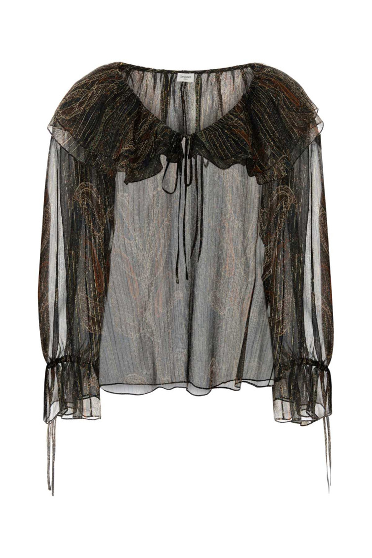 Saint Laurent Multicolor Off-shoulder Blouse With Drawstring Poet Sleeves In Silk Blend Woman In Multicolor
