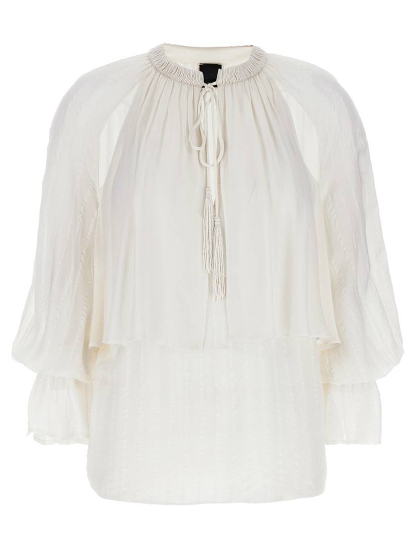 Pinko Layered Sheer Fabric Top With Tassel Detail In White
