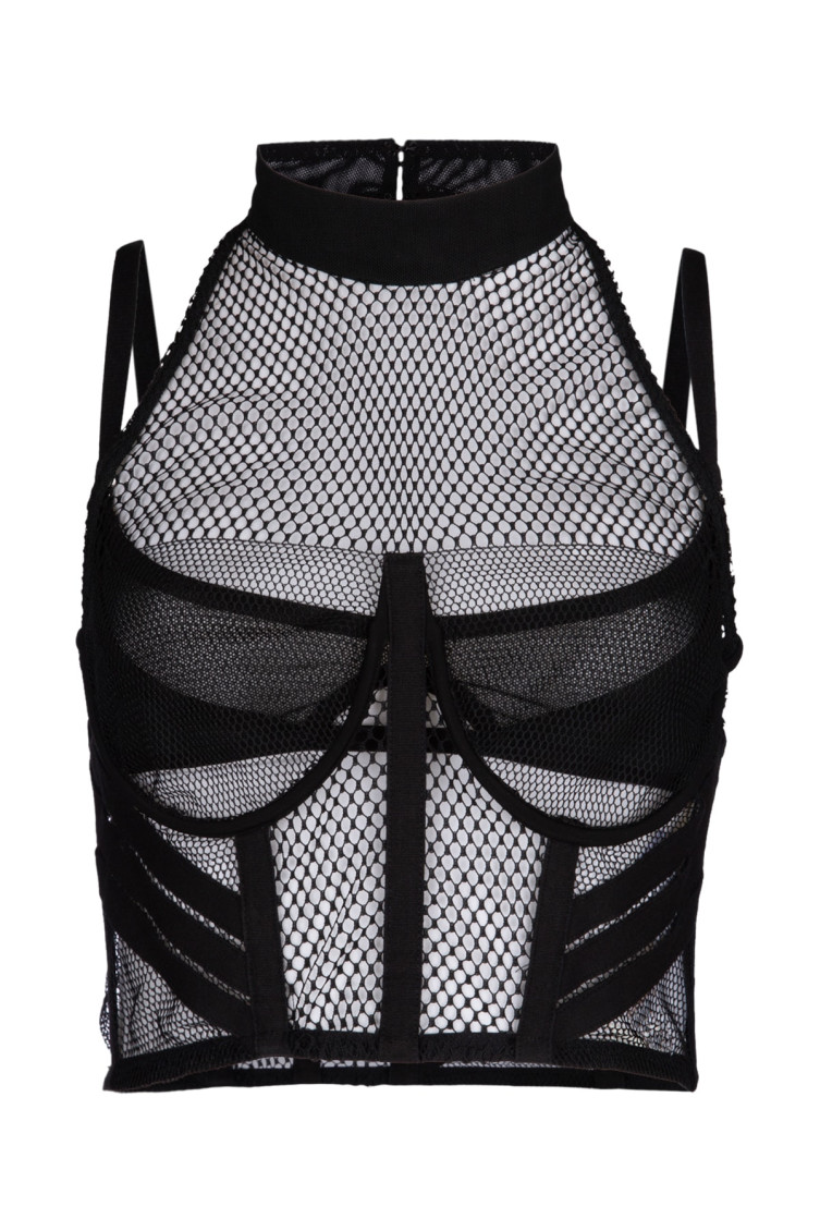 DION LEE BLACK NET-LACE LAYERED BRA TOP