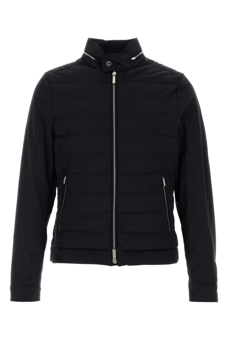 Moorer Quilted High Collar Down Jacket With Zip Pockets In Dark Blue