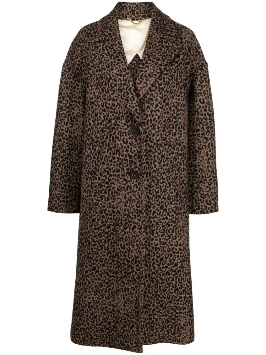 Golden Goose Single-breasted Cocoon Wool Coat With Jacquard Motif Clothing In Brown