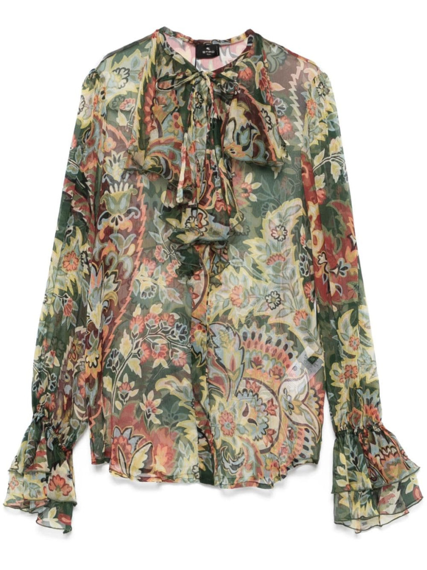 Etro Green Ruffled-detail Crepon Shirt