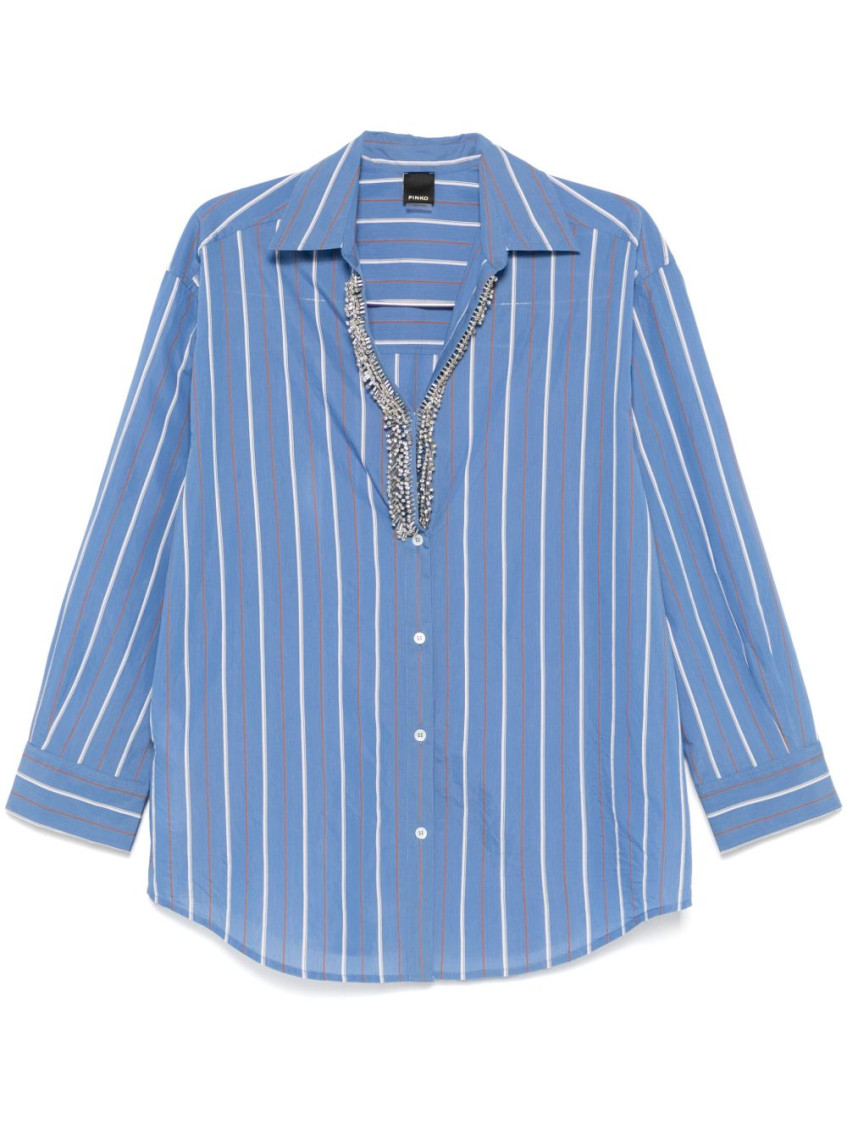 Pinko Blue And White Striped Shirt With Embellished Neckline In Blue