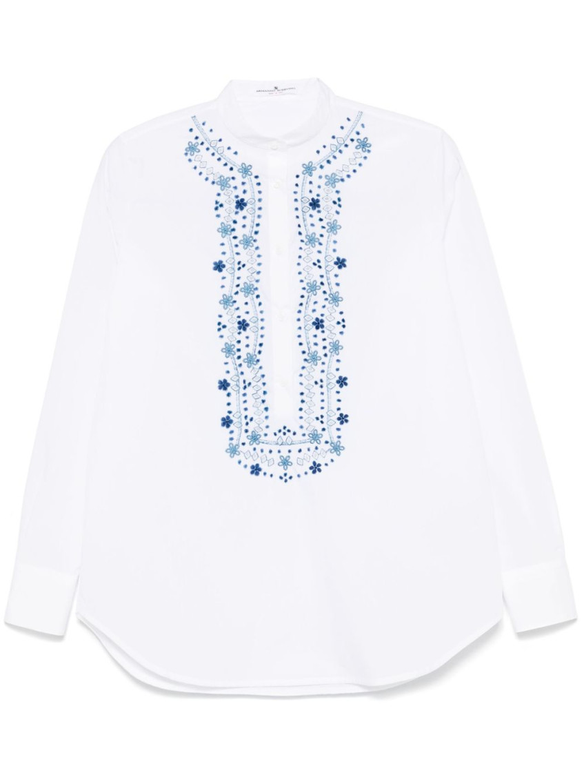 Ermanno Scervino Mandarin Collar Shirt With Intricate Blue Embroidery
