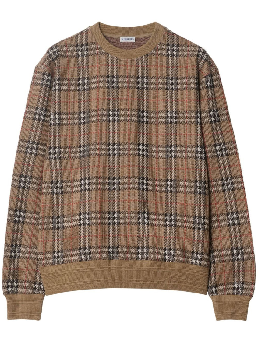 Burberry Check Cotton Blend Sweater In Brown