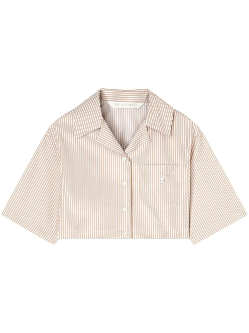 Palm Angels Crop Shirt With Beige And White Stripes With Logo In Nude