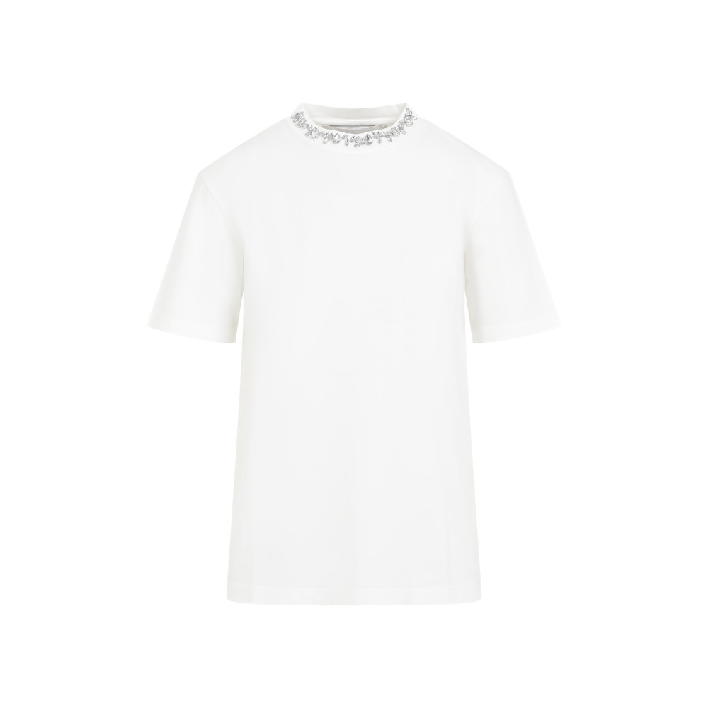 Golden Goose White Crewneck T-shirt With Rhinestone Embellishments On The Collar And Logo Detail On The Rear In White