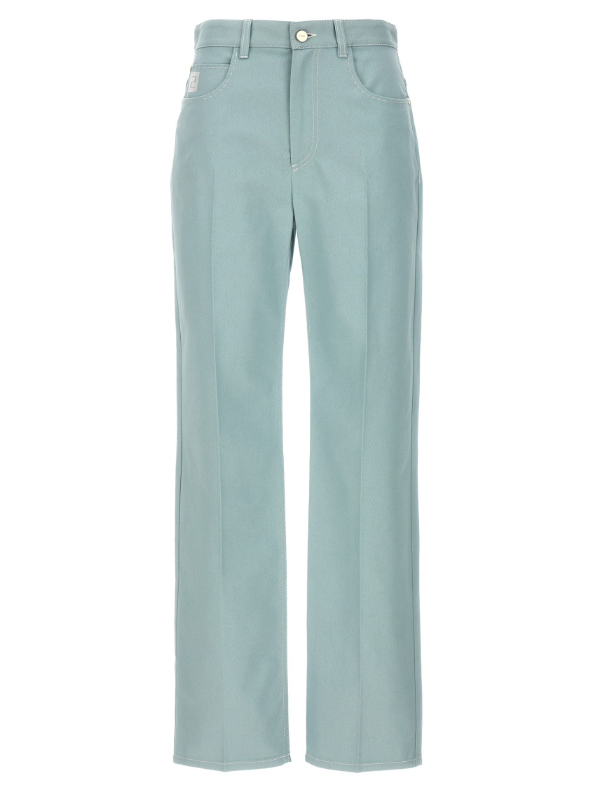 Shop Fendi Light Blue Logo Embroidery Denim Pants