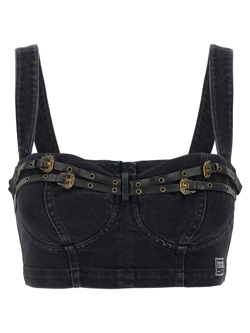 Versace Jeans Couture Baroque Buckle Denim Top With Heart Neck In Black