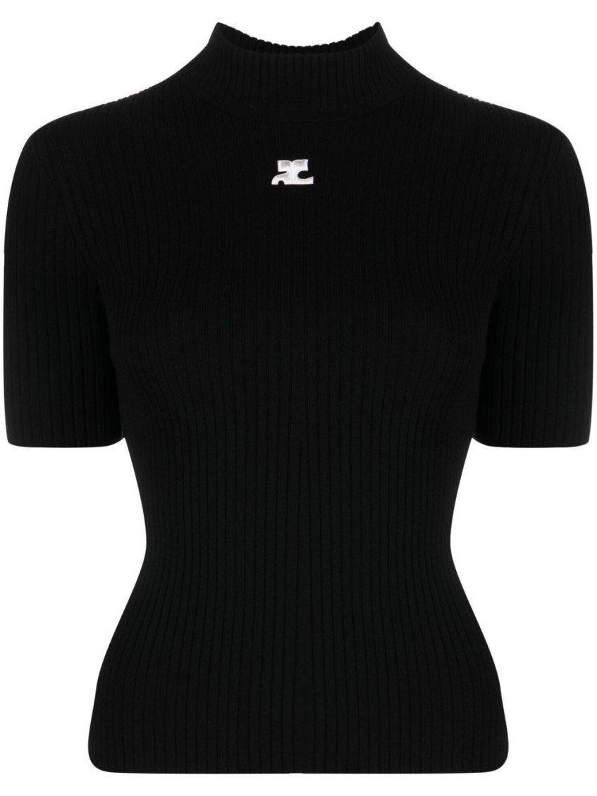 Courreges Black AC logo ribbed knit crewneck sweater for Women Online ...