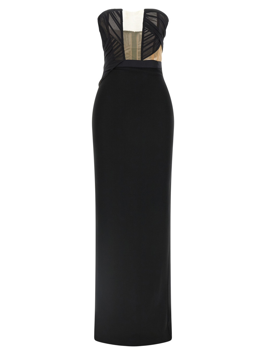 Nensi Dojaka Draped Maxi Dress With Corset And Sheer Panels In Black