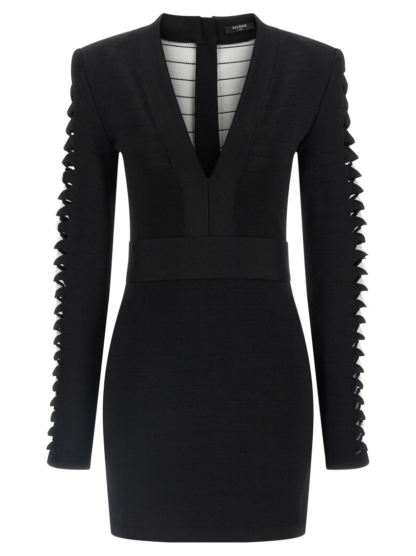 Balmain V-neckline Dress With Fitted Waist And Sleeves In Black