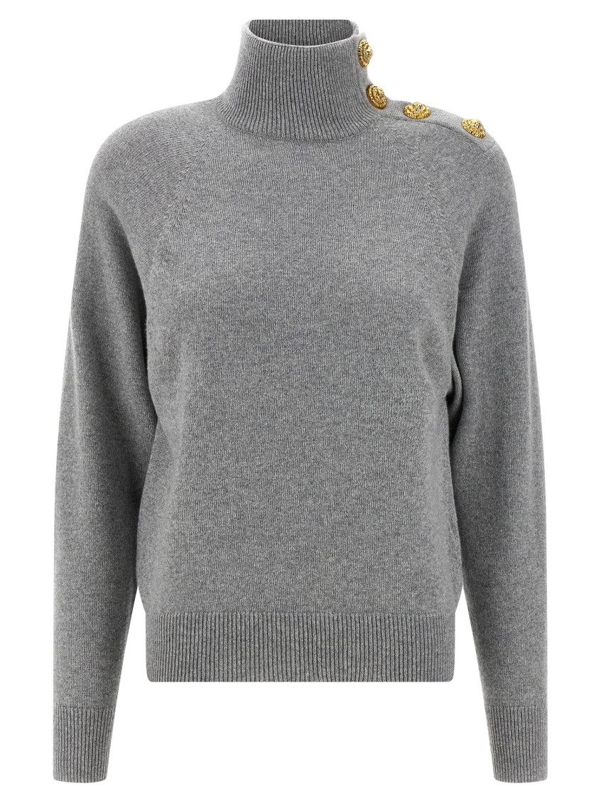 Balmain Grey High-neck Wool Sweater With Gold Buttons In Gray