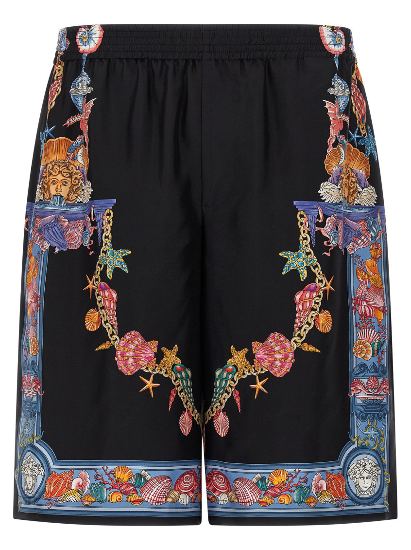 Versace Multicolor Coral Theatre Print Bermuda Shorts In Black