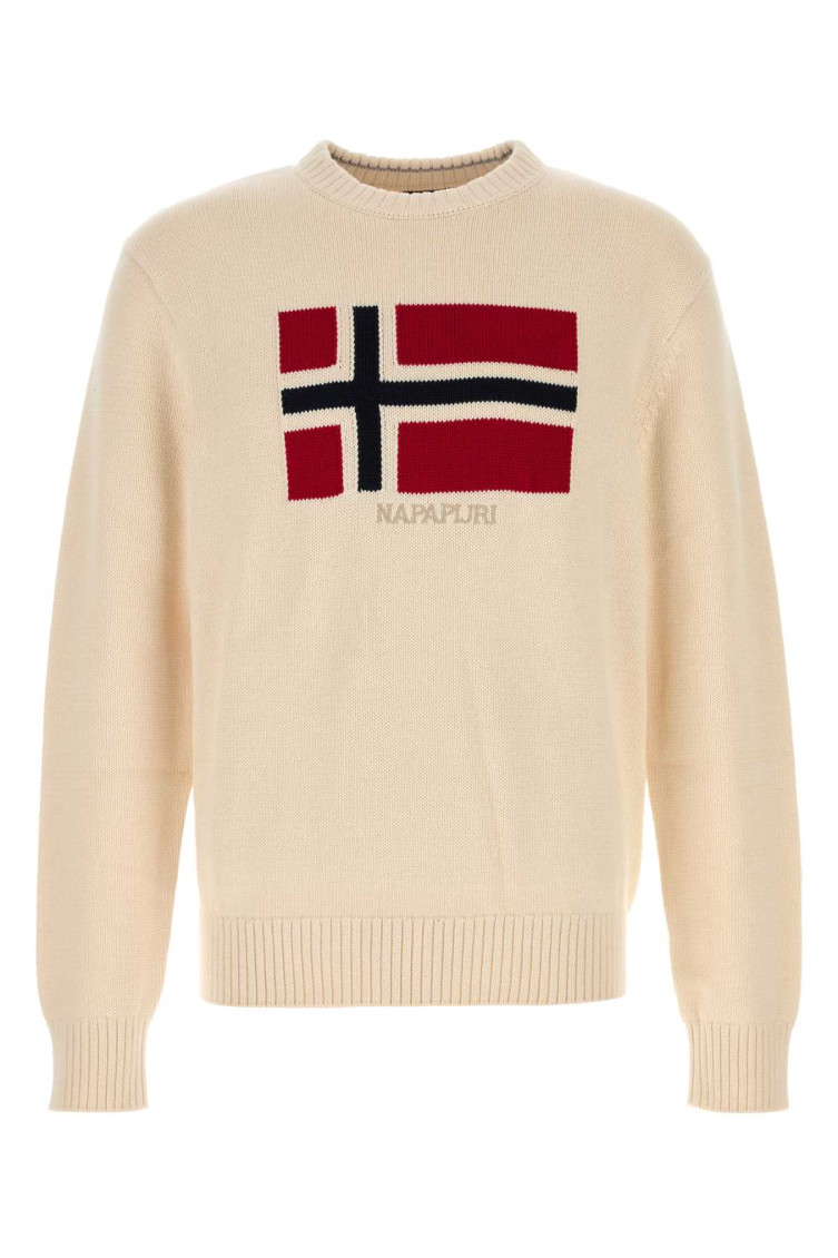 Napapijri Beige Crewneck Flag Embellishment Sweater In Gold