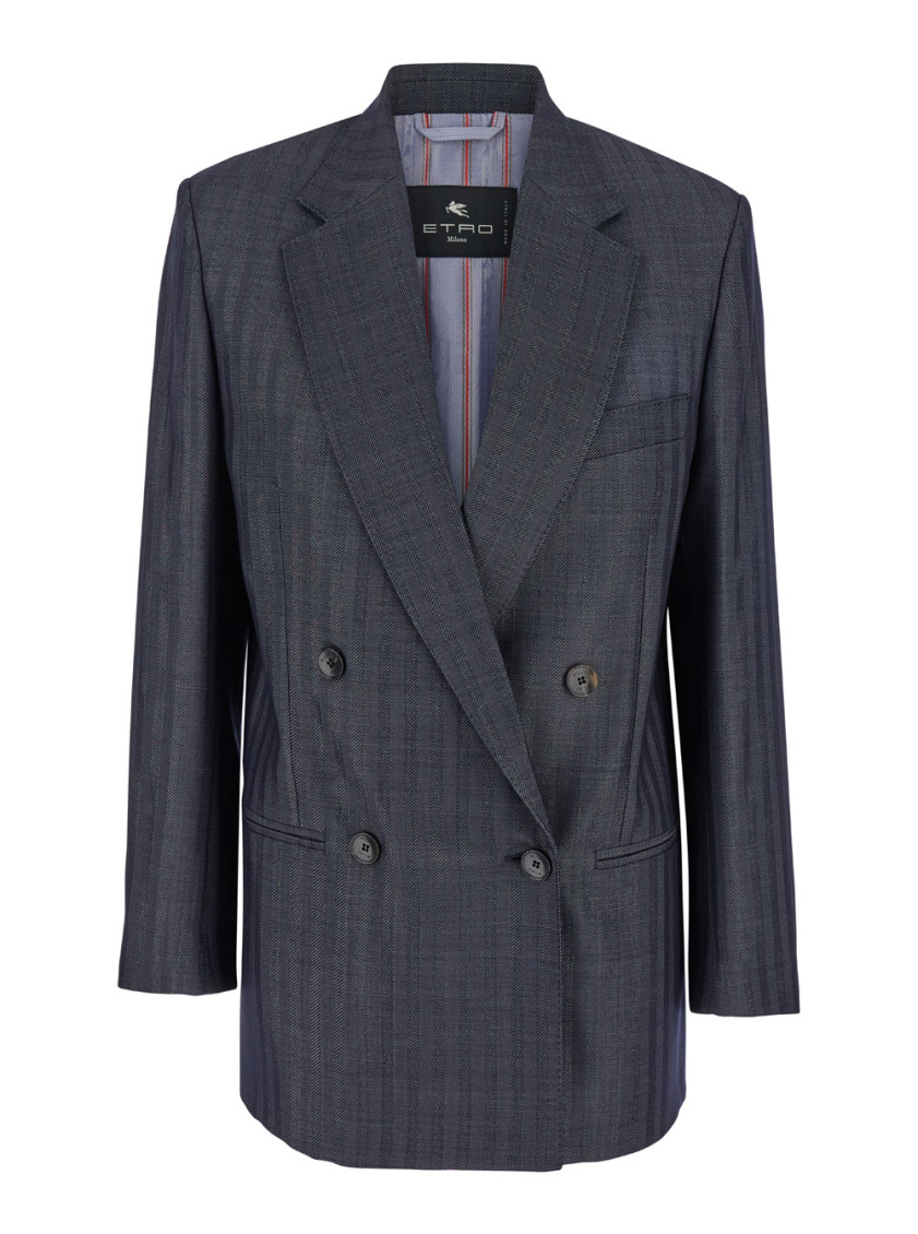 Etro Grey Oversized Double-breasted Jacket With Wide Revers In Wool Blend Woman In Grey