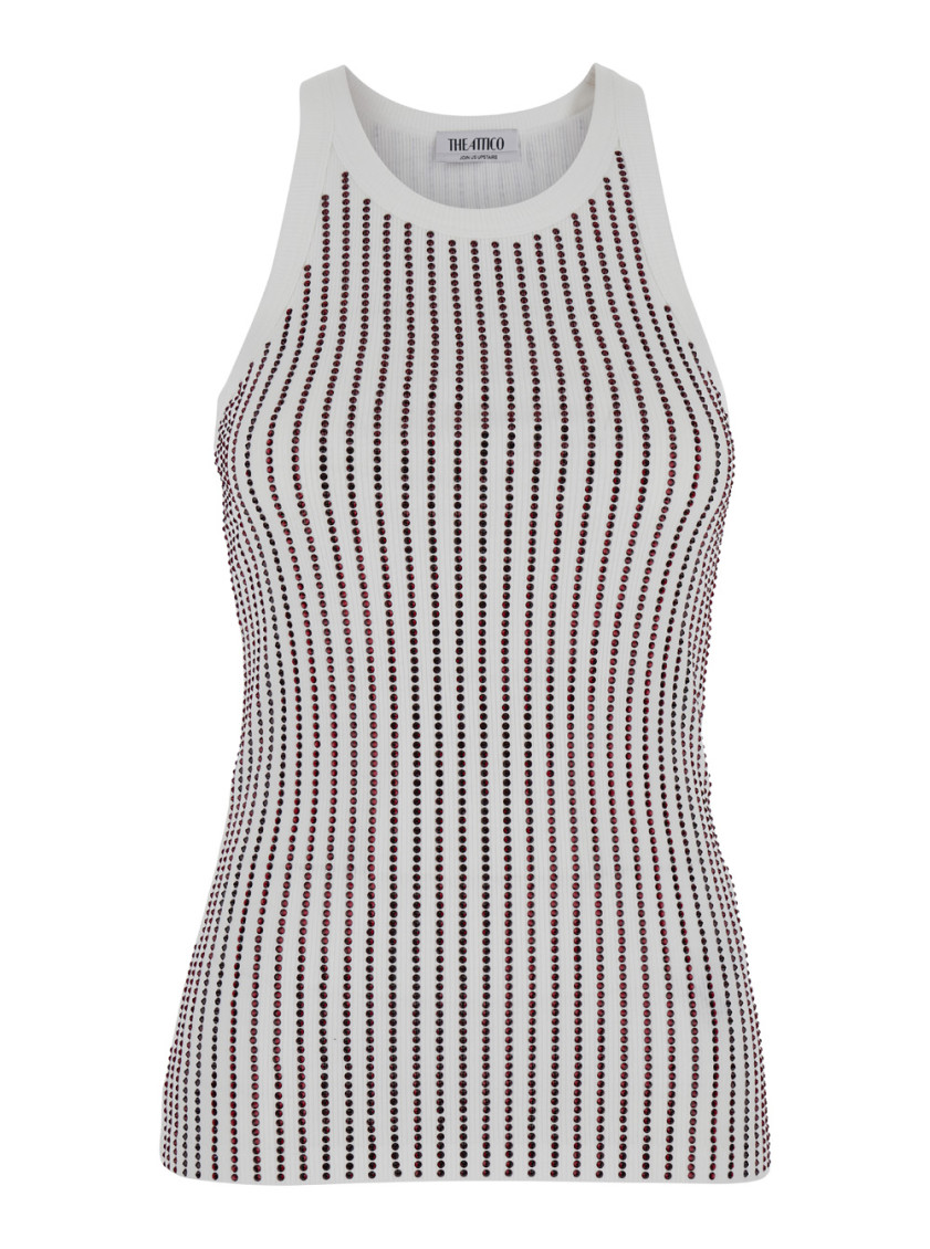 Attico White Tank Top With Multicolor Rhinestone In Jersey Woman In White