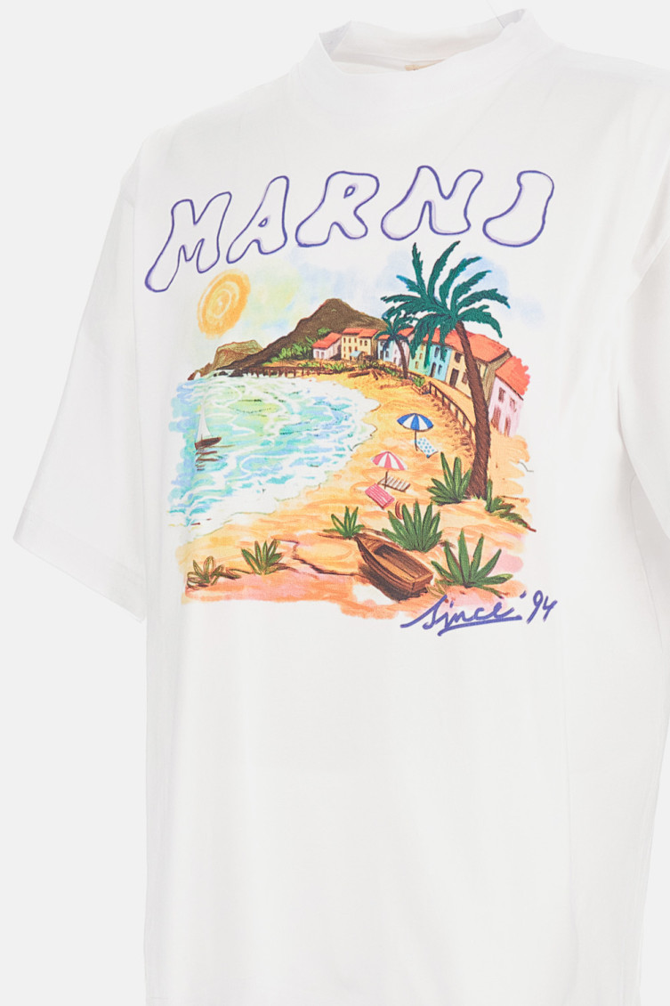 Marni White Crewneck Printed T-Shirt for Men Online USA at Darveys.com
