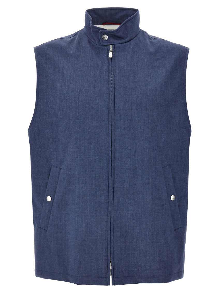 Brunello Cucinelli Wool Vest With Sleeveless Design And Button Accents In Blue