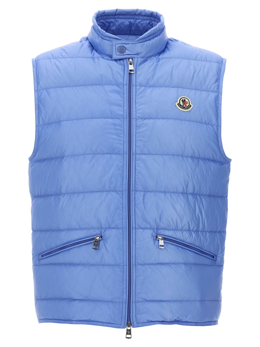 Moncler Collar Quilted Vest Side Zipper Pockets In Light Blue