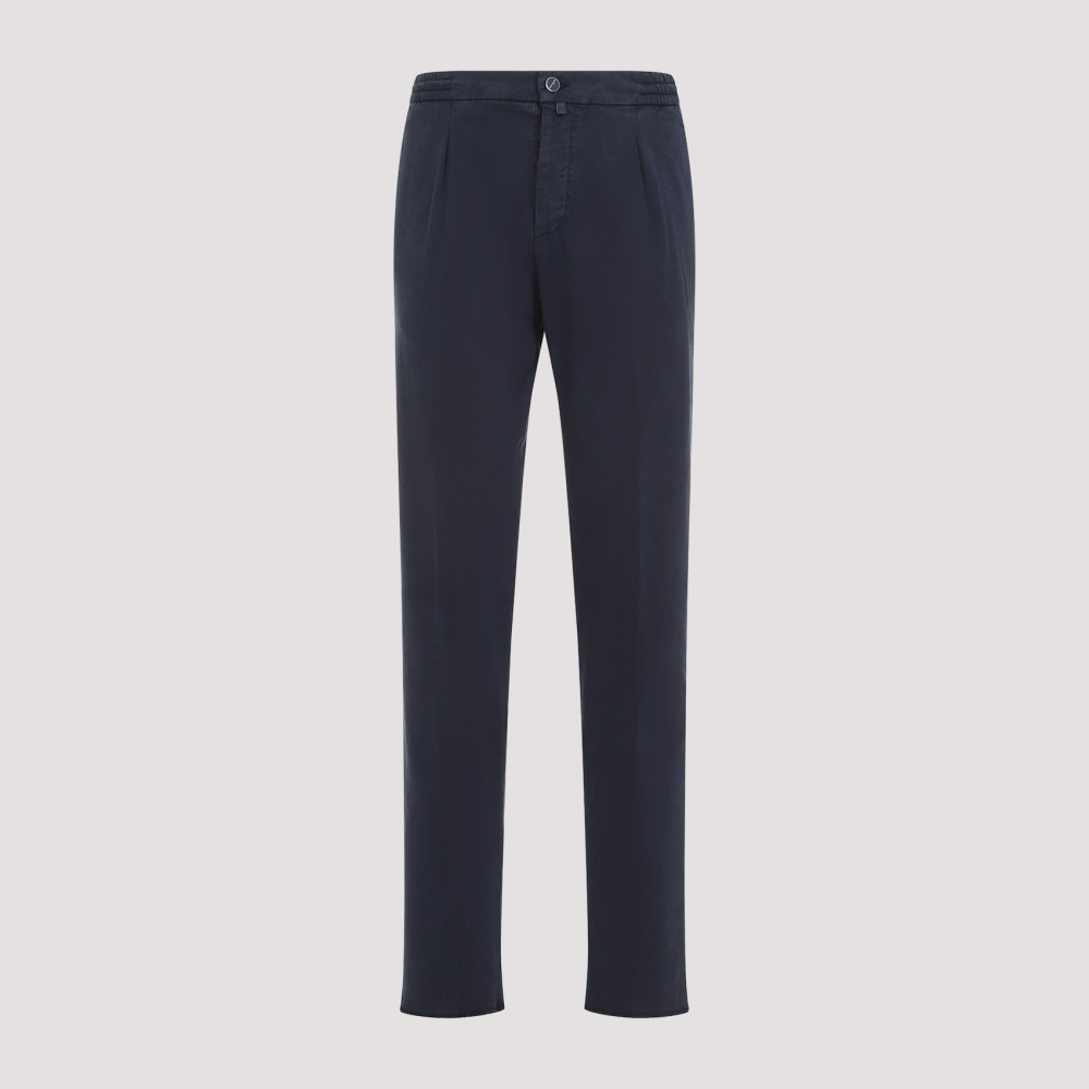 Shop Kiton Navy Blue One Pence Lyocell Pants