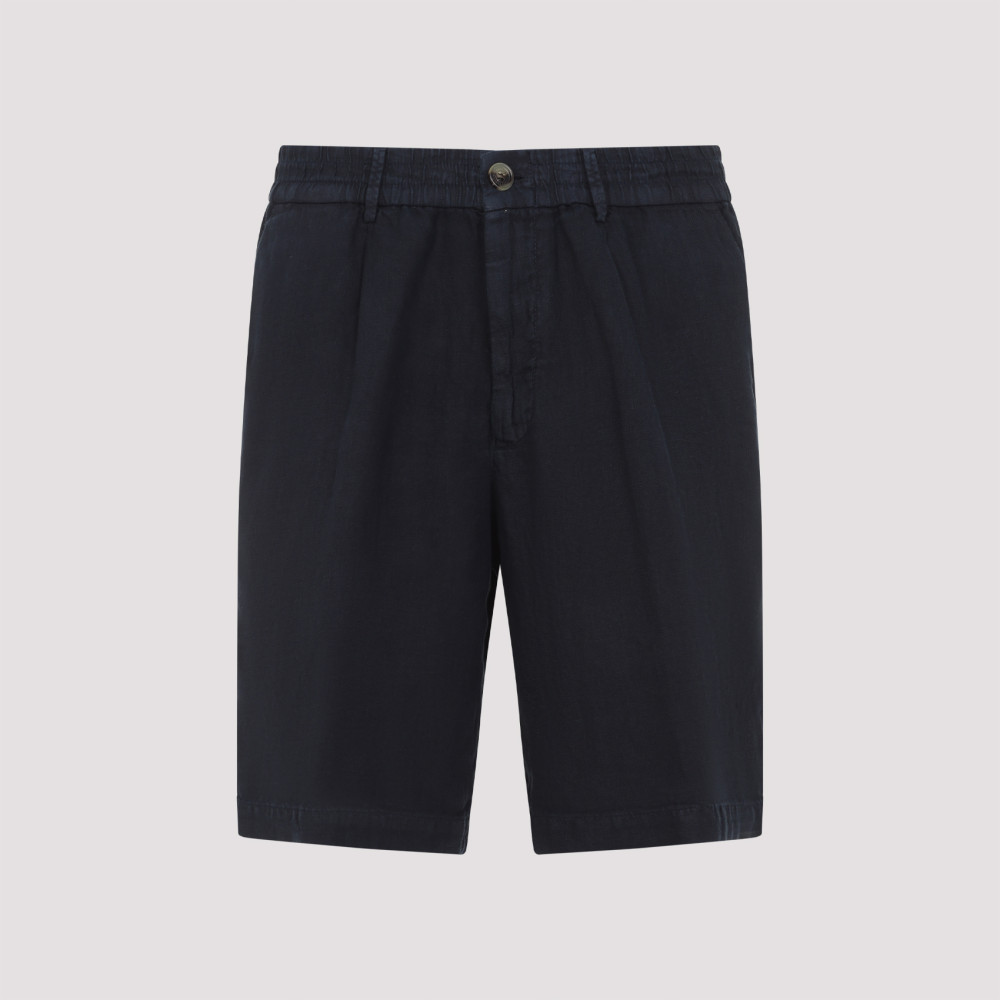Brunello Cucinelli Elastic Waistband Linen Bermuda Shorts In Navy Blue