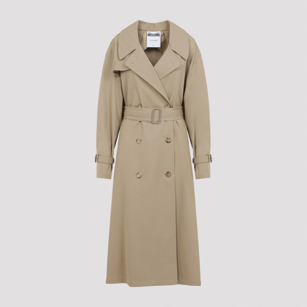 Moschino Cotton Blend Gabardine Long Trench Coat In Beige
