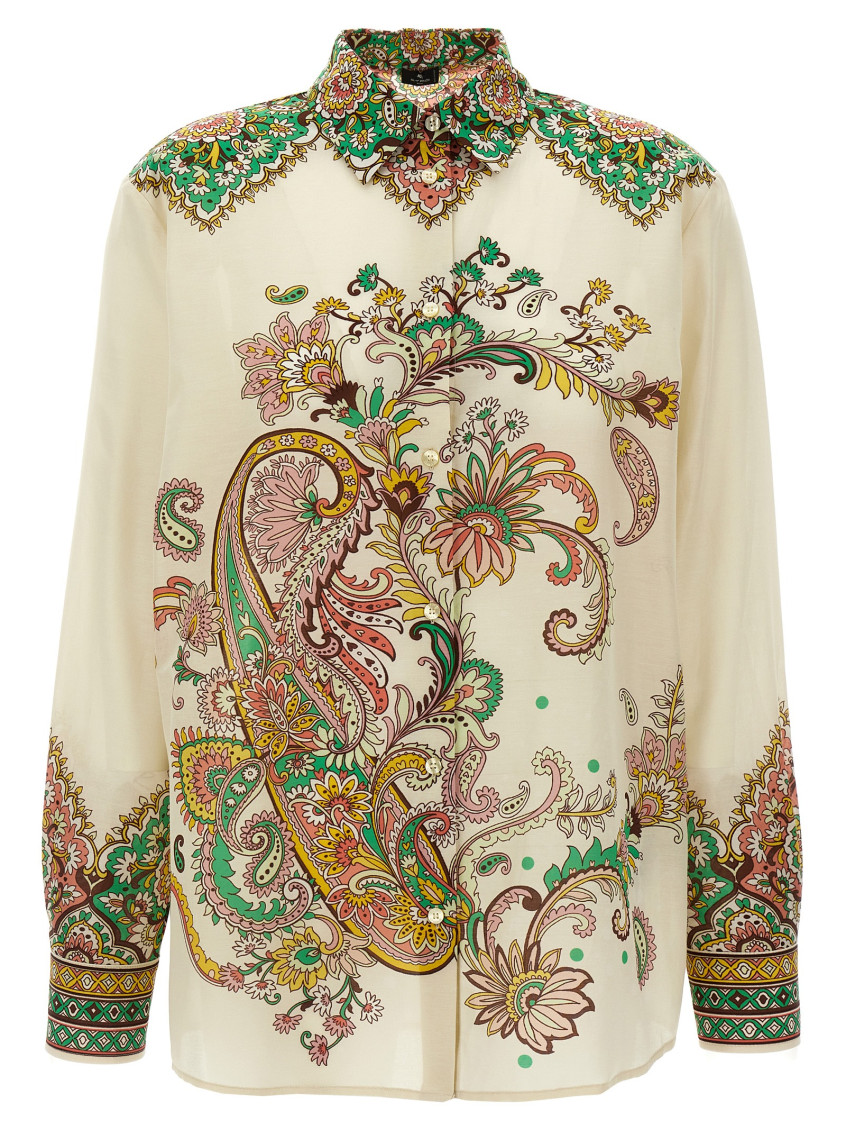 Etro Multicolor Shirt With Classic Collar And All-over Paisley Print In Cotton And Silk Woman In White