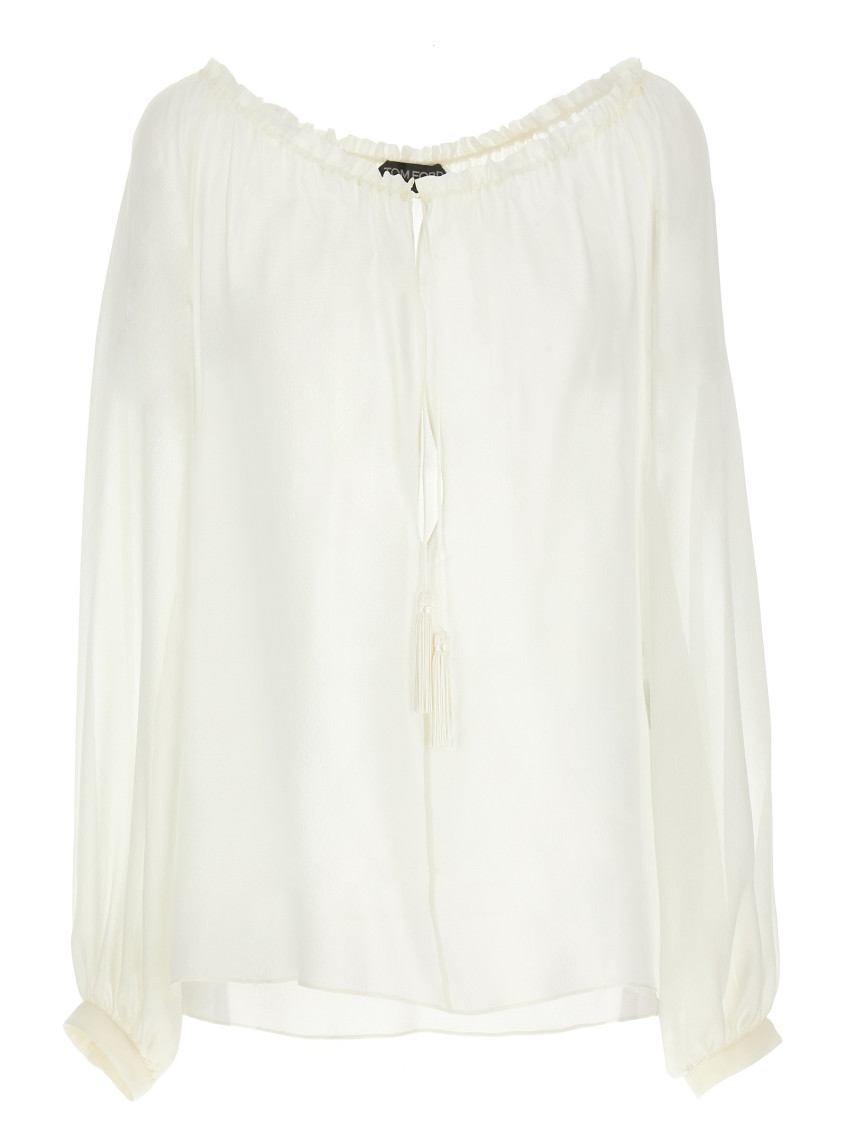 Tom Ford Silk Blouse Sheer Elastic Neckline Long Sleeves In White