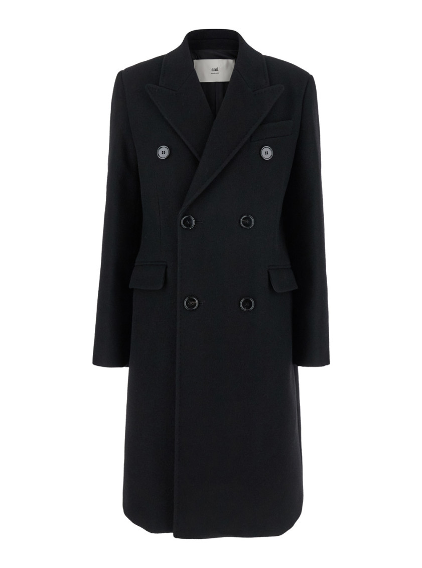 Ami Alexandre Mattiussi Ami Paris Black Double-breasted Coat With Peak Revers In Wool Woman In Black